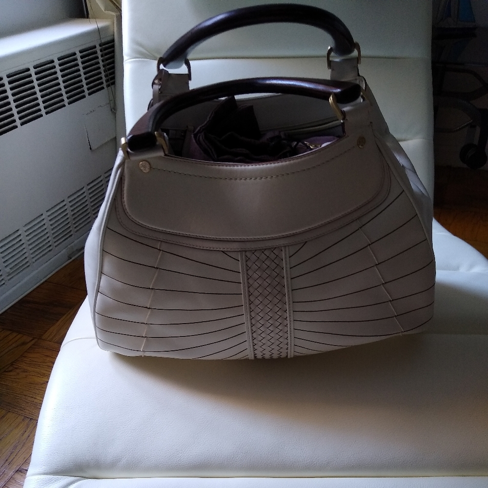 Cole Haan white leather tote with wooden handles,